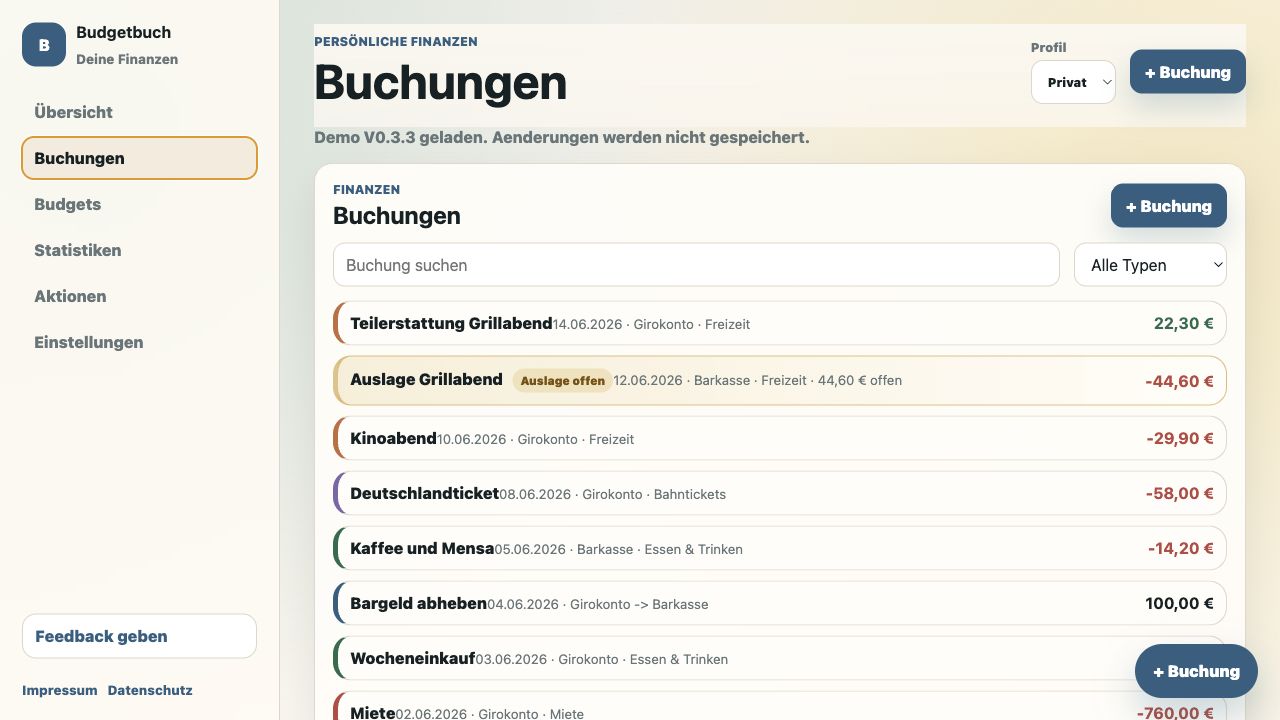 Liste der Buchungen in Budgetbuch